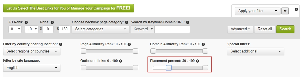 Search by placement percent