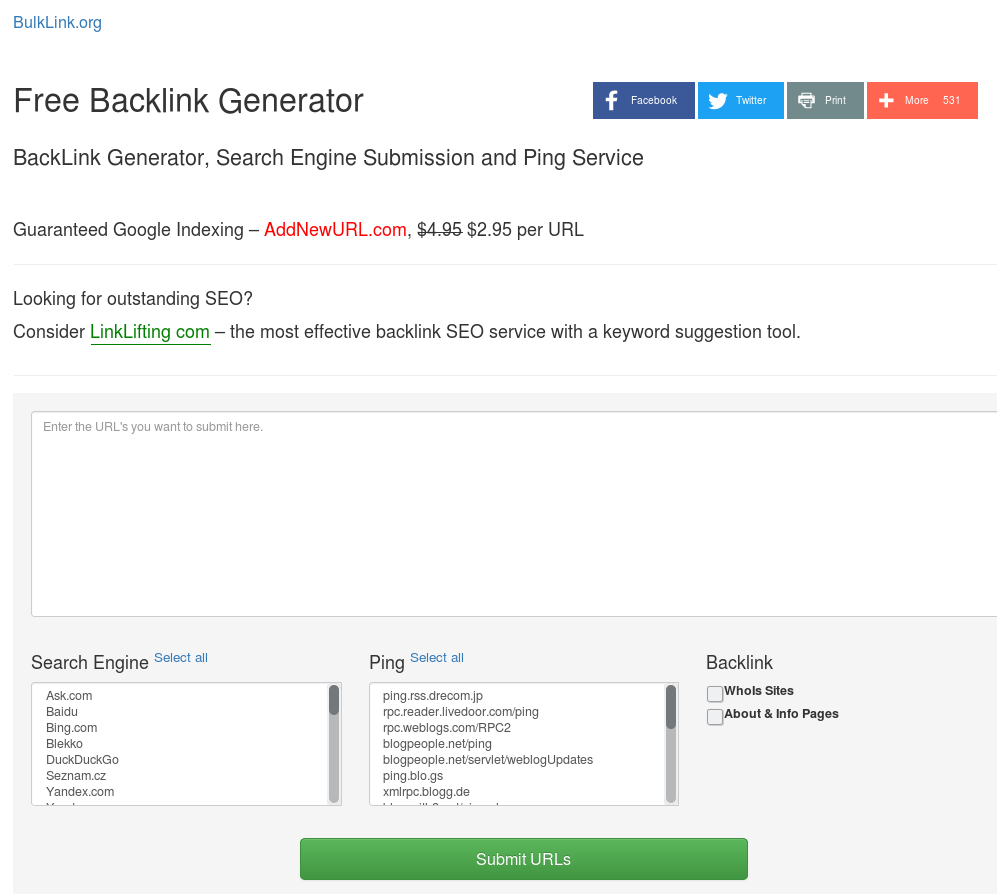 BulkLink org Free BackLink Generator, Pinger and Submission Service