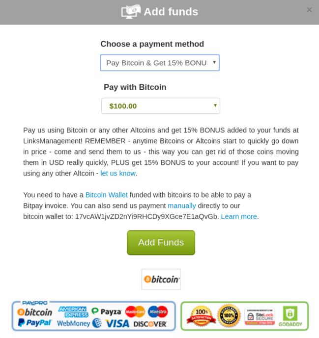 How to pay with bitcoin in LinksManagement