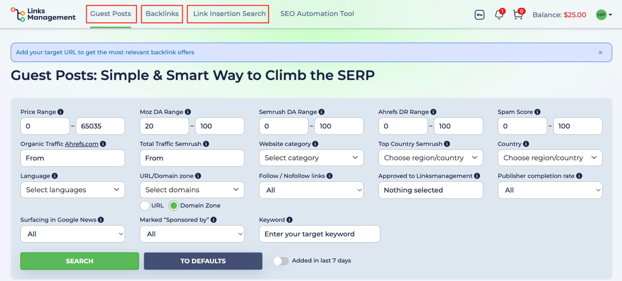 linksmanagement navigation bar